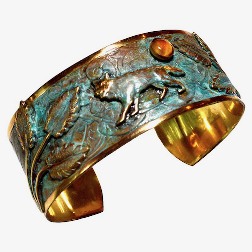 EC-160 Cuff, Wolf in Forest, Tiger Eye and Jasper $150 at Hunter Wolff Gallery